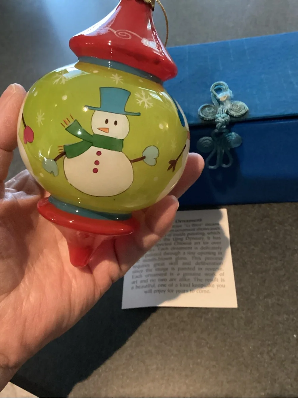 Pier 1 Green and Red Snowman Glass Ornament